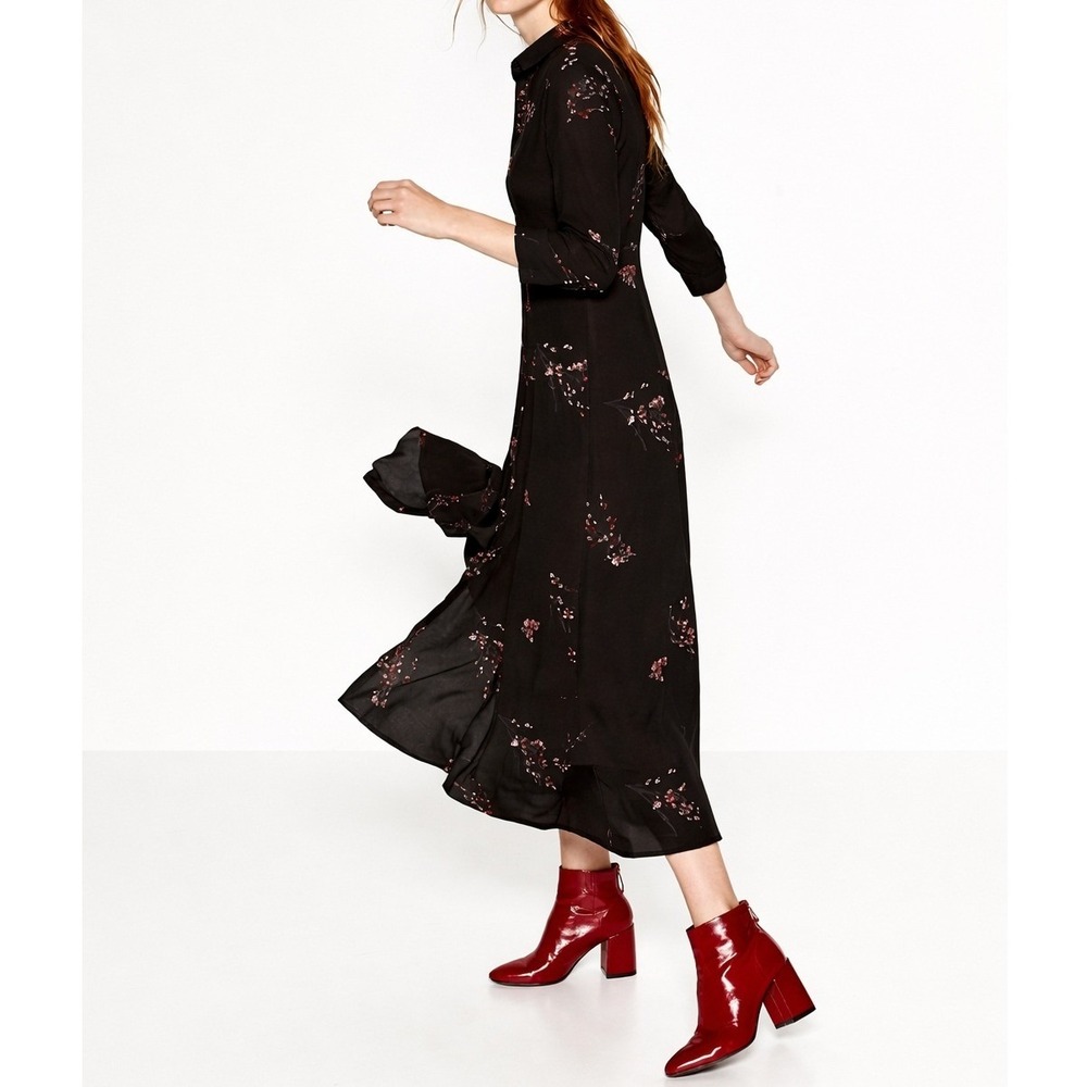 NEW Zara Black Floral Button Down Shirt Maxi Dress Size Small